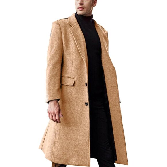 Men's Khaki Slim Fit Notched Collar Long Casual Trench Coat with Pocket - Picture 2 of 6